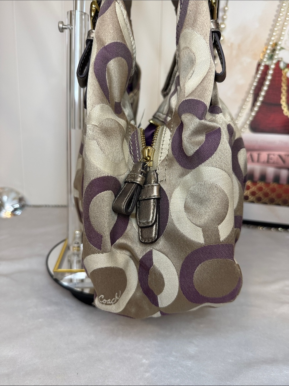 Coach Op Art Glam C1276-19844 Purple Satin Lined Metallic Bronze Shoulder Bag - Picture 3 of 12